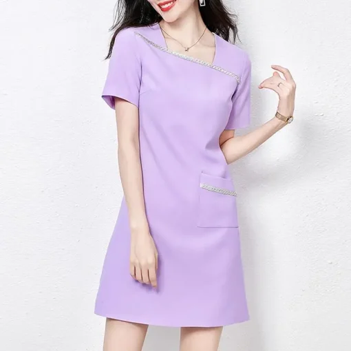 Elegant Solid Color Sundress Short Sleeve Asymmetrical Party Dress - Image 5