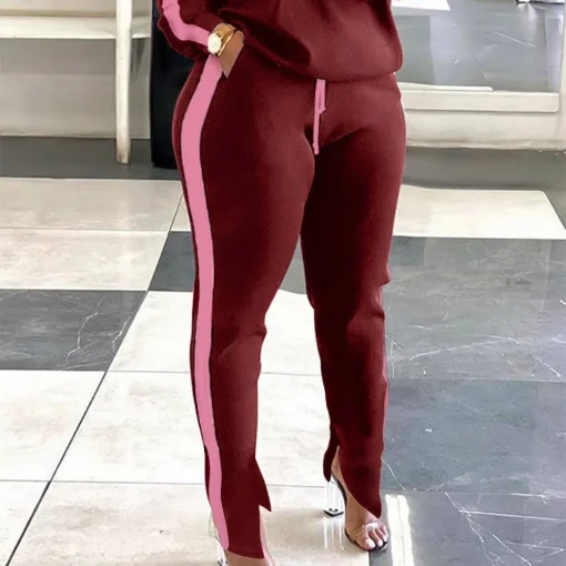 Plus Size Burgundy Two-Tone Long Sleeve Pant Set - Image 2