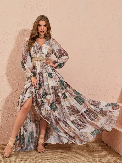 Summer Long Patchwork Print Lantern Sleeve Ruffle Hem Dress