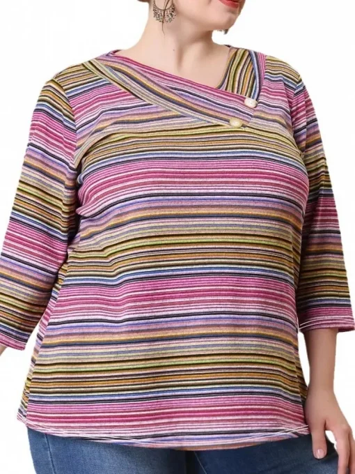 Plus Size Casual V-Neck Stripe Print 3/4 Sleeve T-Shirt - Image 2