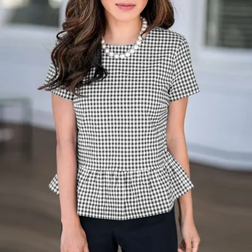 Bohemian Printed Short Sleeve Plaid Ruffled Blouse