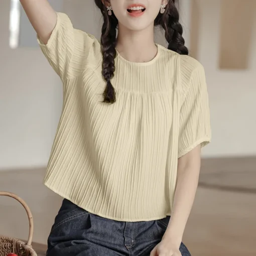 Elegant Summer Short Puff Sleeve O-Neck Blouse - Image 8