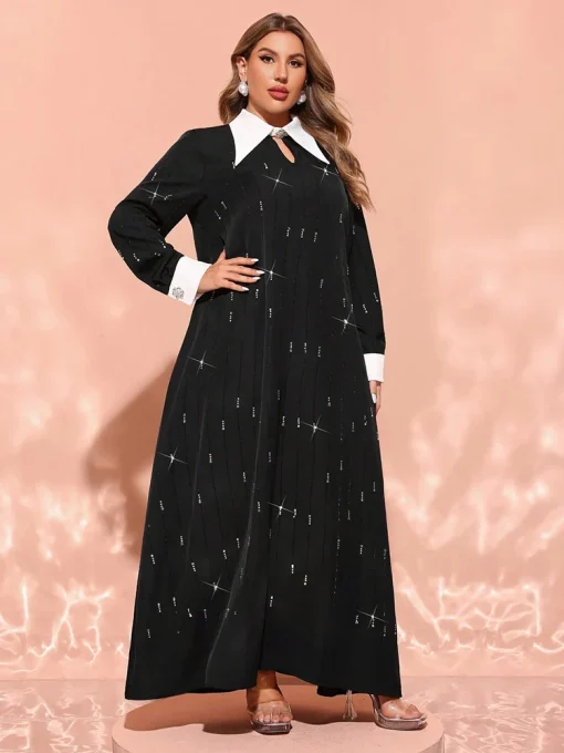 Plus Size Elegant Contrast Color Long Sleeve Maxi Dress