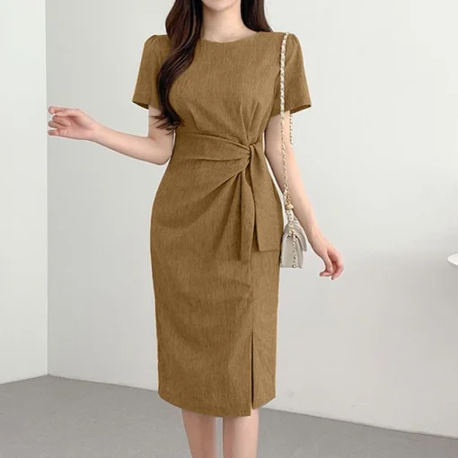 Elegant Midi Shirt Dress with Short Sleeves for Summer - Image 5