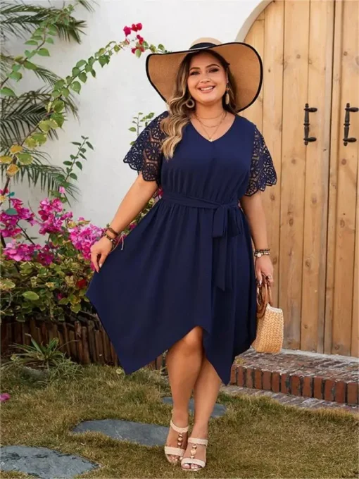 Plus Size Irregular V-Neck Print Casual Party Dress - Image 5