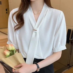 Summer Casual Chiffon Blouse with Tie Detail