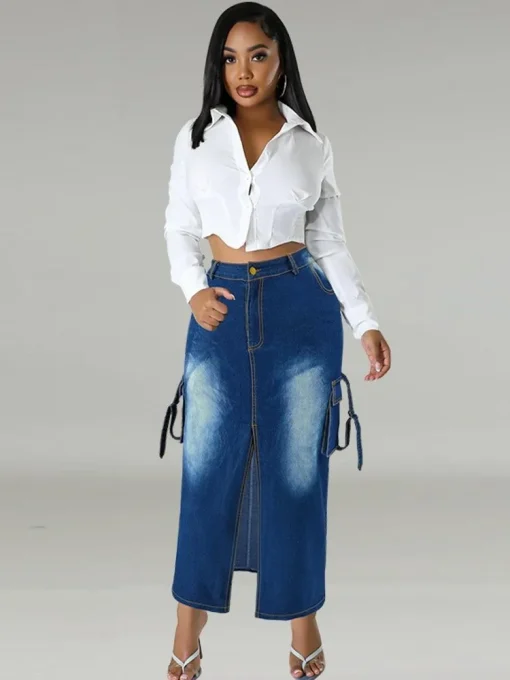 Plus Size A-Line High Waist Side Split Denim Skirt