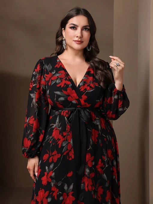 Plus Size Floral Print Lantern Sleeve Maxi Party Dress - Image 3