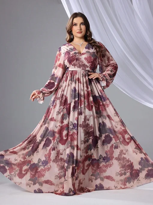 Plus Size V-Neck Long Sleeve Floral Print Maxi Dress