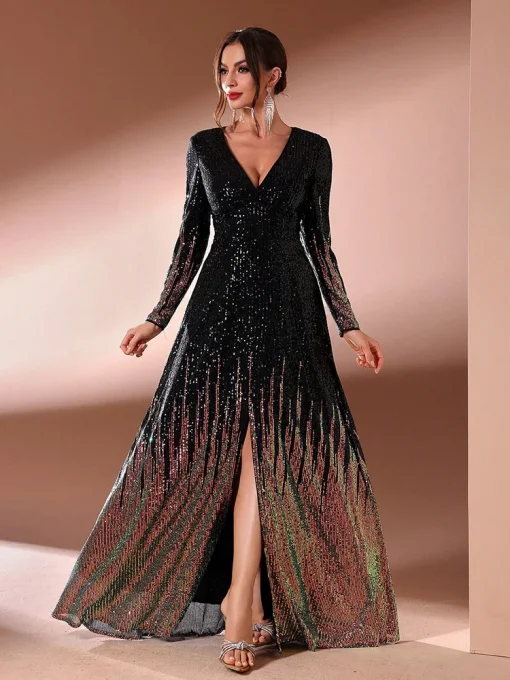 Women Split Hem Long Sleeve Evening Gown Dress - Image 5