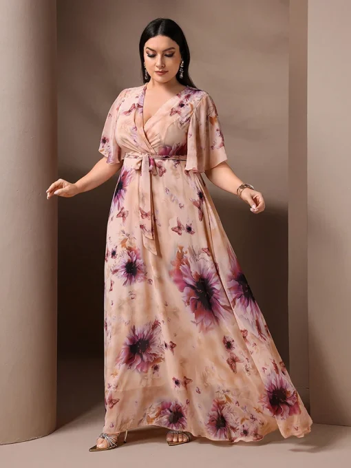 Plus Size Floral Printed Ruffle Sleeve Belted Holiday Dress - Image 6