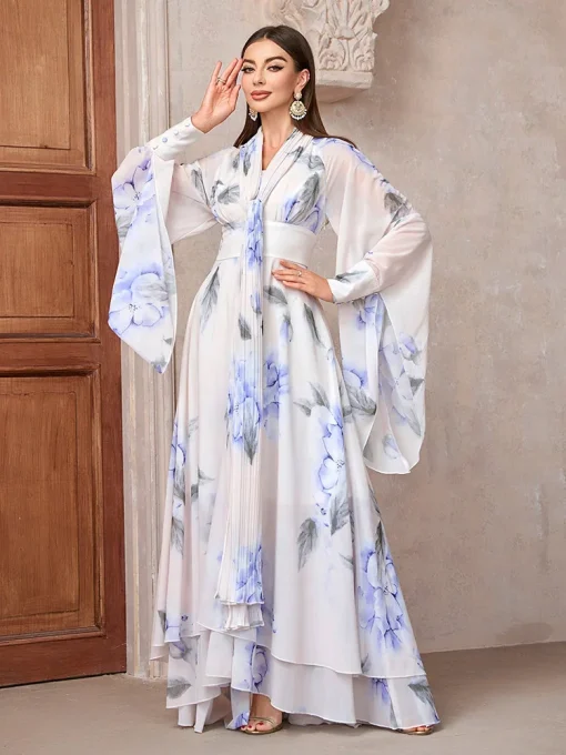 Elegant Floral V-Neck Maxi Dress with Flare Sleeves - Image 3