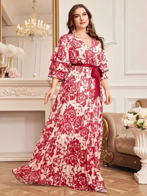 Plus Size Floral Print Pleated Hem Belted Evening Dress - Image 4