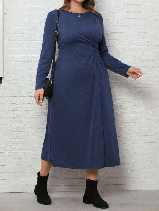 Elegant Plus Size Blue Long Sleeve Casual Formal Dress - Image 4