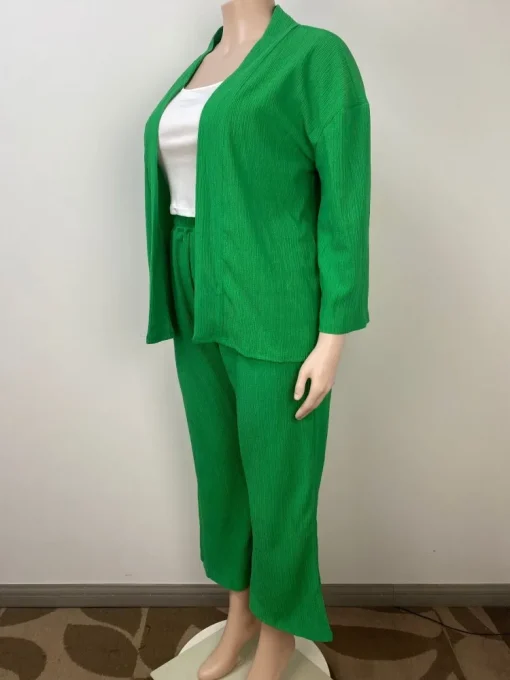 Plus Size Green Shirt and Wide Leg Pants Set - Image 3