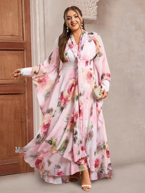 Plus Size Floral Print Long Sleeve Maxi Party Dress - Image 6