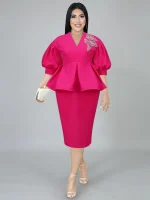 Elegant Rose Applique Bodycon Dress with V-Neck Design