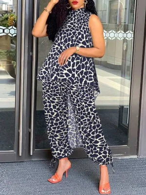 Women’s Stand Collar Asymmetric Leopard Pants Set