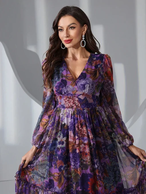 Casual Elegant Boho Floral Print Long Sleeve Maxi Dress - Image 3