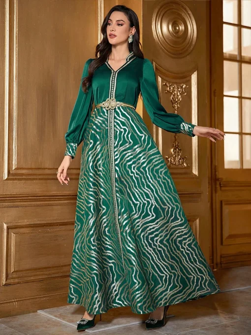 Women’s Floor-Length Retro Ethnic Dark Green Lantern Sleeve Dress - Image 4