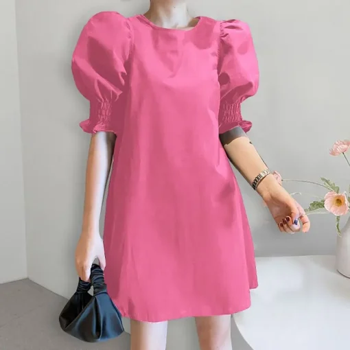 Women's Elegant Solid Color Puff Sleeve Summer Dress - Image 5