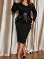 Black Cinched Waist Long Sleeve Ruffle Workwear Dress