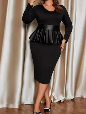 Black Cinched Waist Long Sleeve Ruffle Workwear Dress