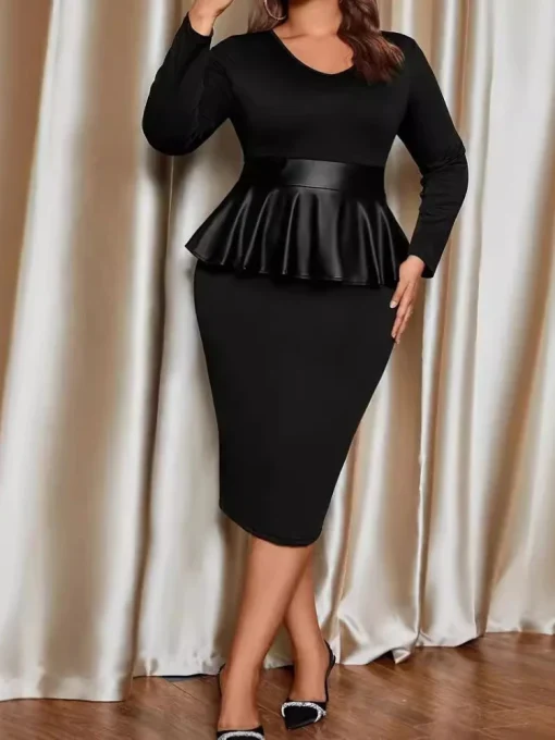 Black Cinched Waist Long Sleeve Ruffle Workwear Dress