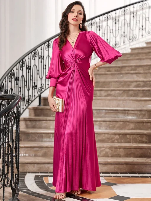 Rose Red Floor-Length V-Neck Lantern Sleeve Evening Gown - Image 3