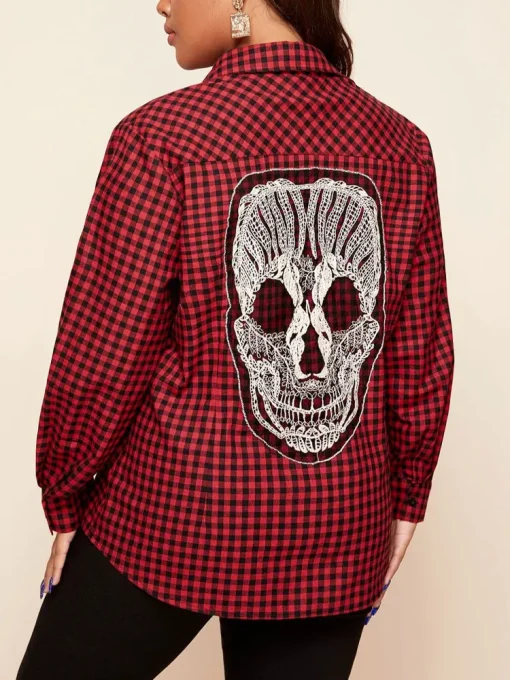 Plus Size Loose Checkered Skull Pattern Blouse for Women - Image 2