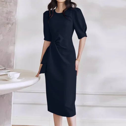 Women’s Elegant Puff Sleeve Solid Color Midi Dress - Image 5