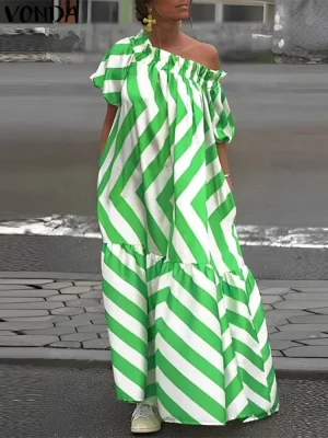 Women’s Bohemian Striped Skew Collar Maxi Summer Dress