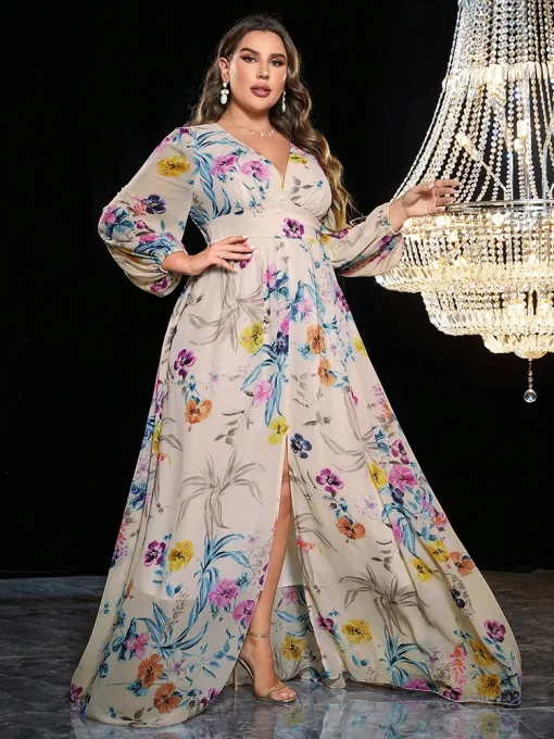 Plus Size Floral Print Lantern Sleeve Split Thigh Dress - Image 3