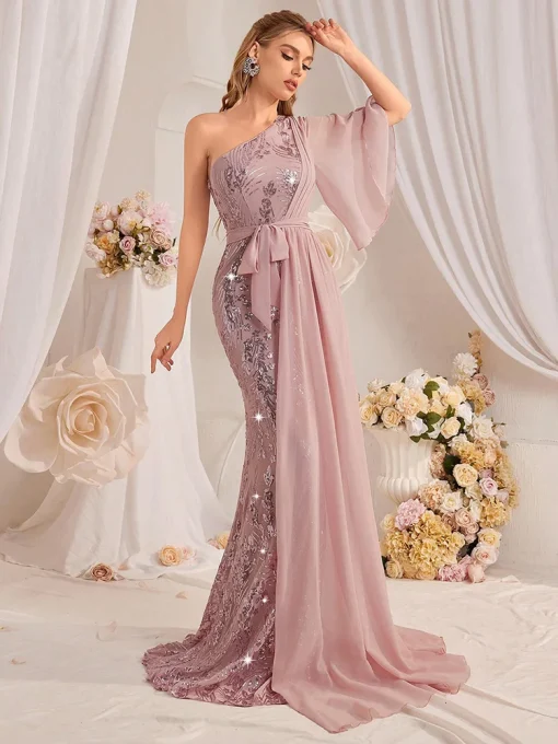 Luxury Sequin One Shoulder Long Maxi Gown Dress - Image 5