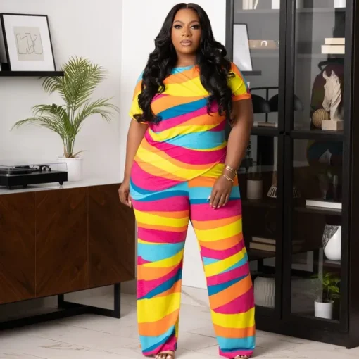 Plus Size Summer Matching Set Printed Top and Pants - Image 8