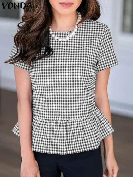 Bohemian Printed Short Sleeve Plaid Ruffled Blouse - Image 2