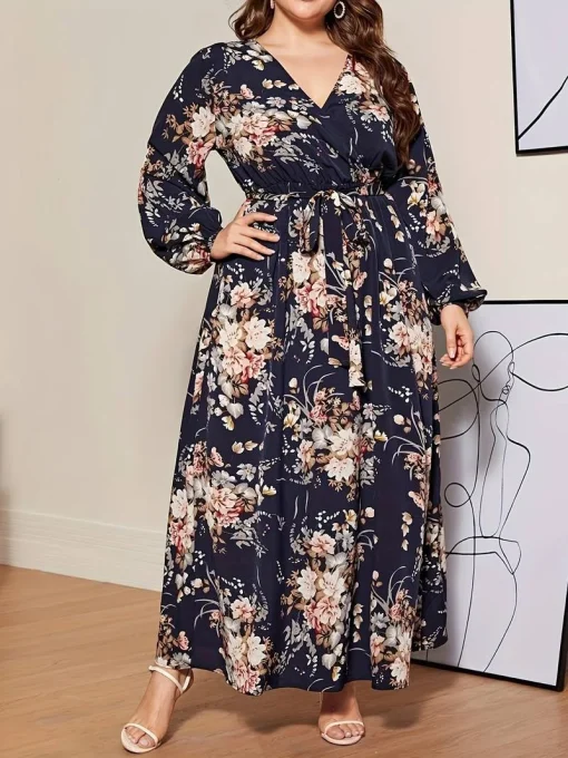 Elegant Plus Size Floral V-Neck Long Sleeve Evening Dress - Image 2