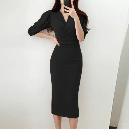 Elegant V-Neck Shirt Dress for Women, Summer Casual Midi Dress