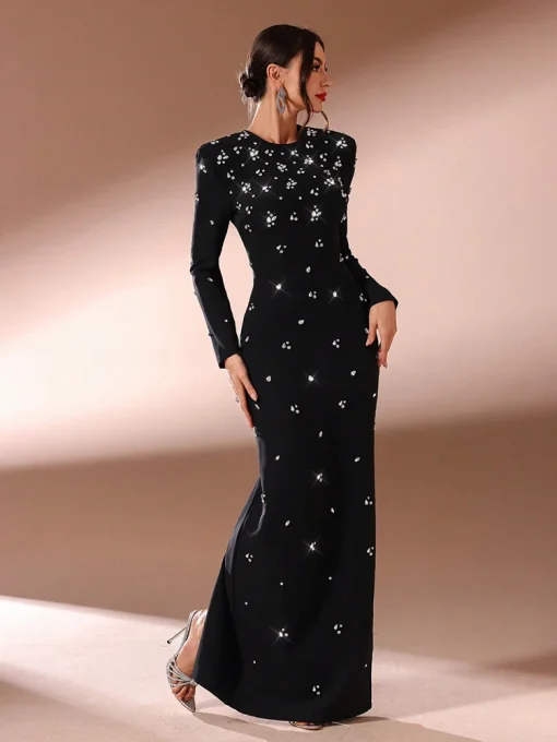 Elegant Rhinestone Long Sleeve Maxi Dress for Formal Events - Image 3