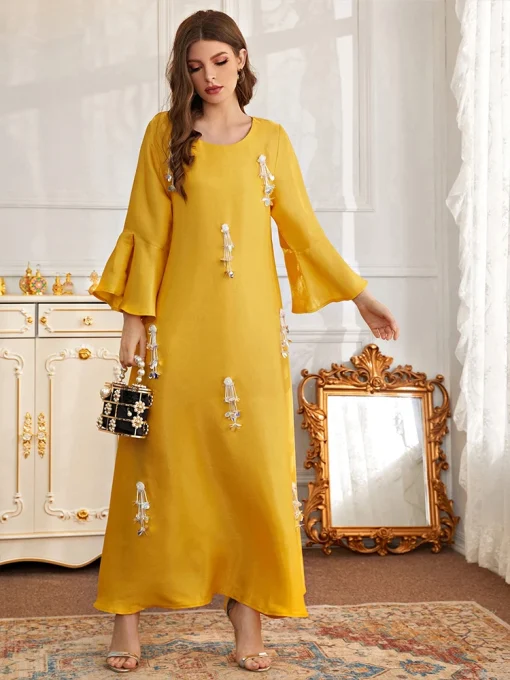 Women's Ankle-Length Beaded Yellow Loose Muslim Toga Dress - Image 4