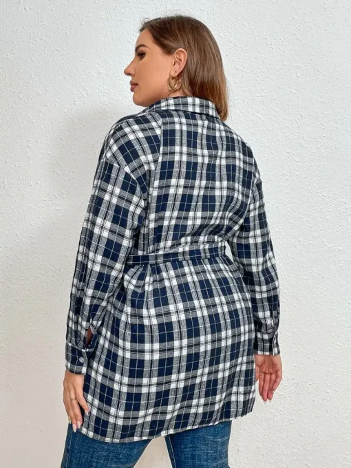 Plus Size Elegant Linen Long Plaid Blouse for Women - Image 7