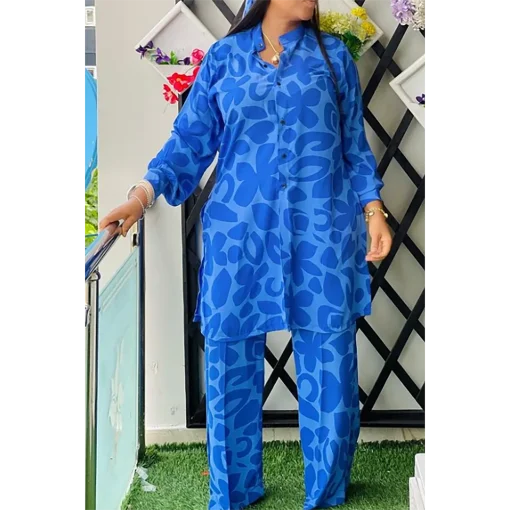 Plus Size Blue Leopard Print Long Sleeve Pant Set