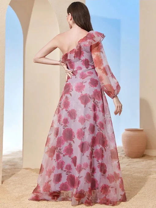 Elegant Backless Floor-Length Print Dress with Diagonal Neckline - Image 3