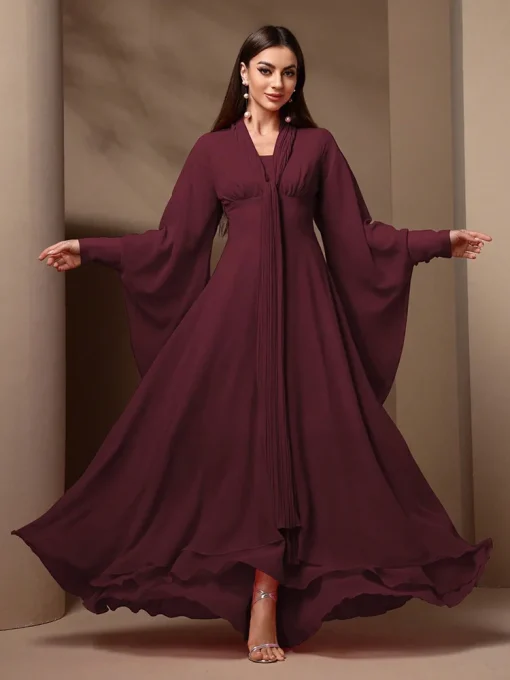 Solid Color Bell Sleeve Fit and Flare Chiffon Maxi Dress