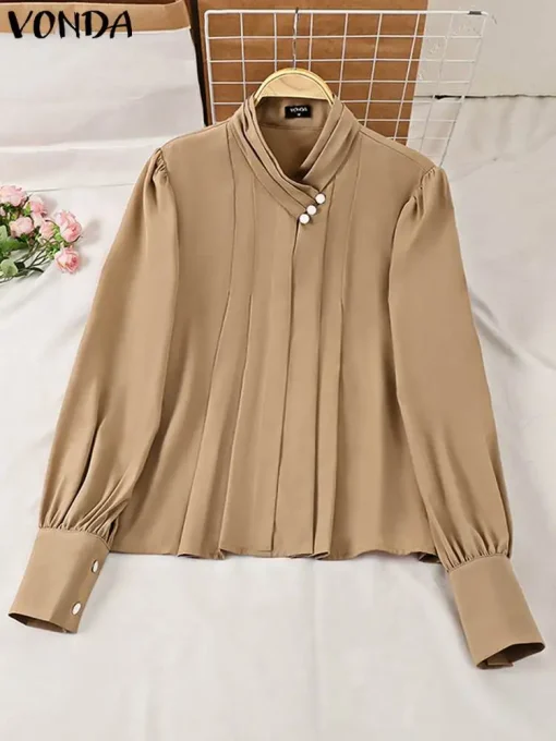 Plus Size Elegant Pleated Long Sleeve Blouse for Autumn - Image 2