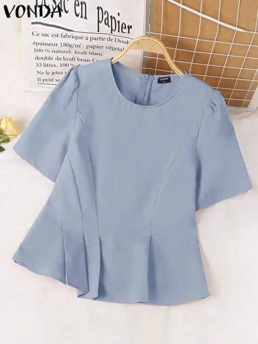 Women's Elegant Puff Sleeve Pleated Summer Blouse - Image 2