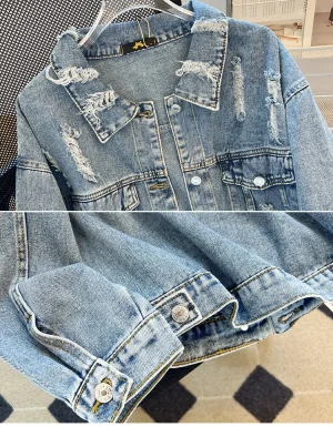 Plus Size Women's Blue Cotton Denim Jacket Coat