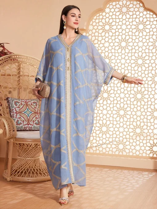 Women's Floor-Length Haze Blue Embroidered Sleeved Muslim Dress - Image 3