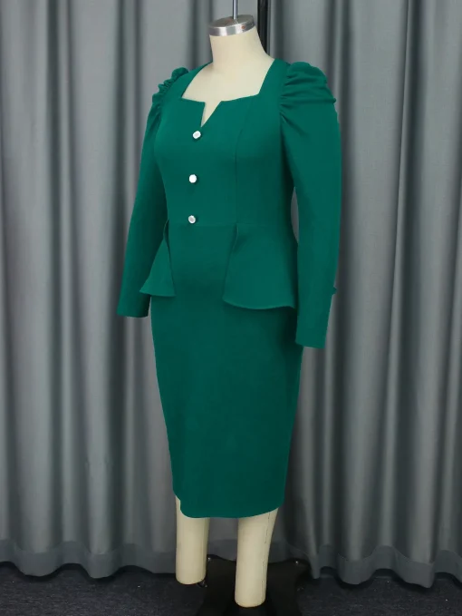 Graceful Green Midi Bodycon Dress with Long Sleeves - Image 3