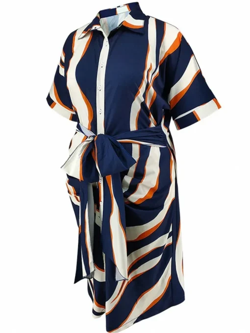 Plus Size Elegant Bohemian Stripe Print Midi Dress - Image 4